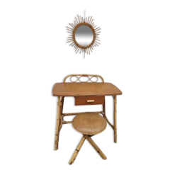 Coiffeuse en rotin vintage 1950 avec miroir soleil