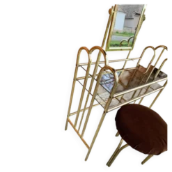 Coiffeuse et tabouret vintage en laiton doré et miroir — assise marron, touches jaune paille