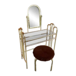 Coiffeuse et tabouret vintage en laiton doré et miroir — assise marron, touches jaune paille
