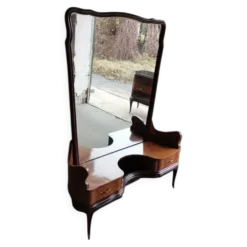 Coiffeuse italienne Mid-Century marron en bois et laiton avec grand miroir, années 1950
