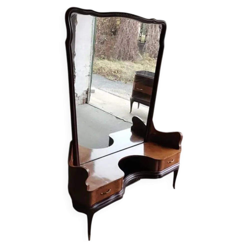 Coiffeuse italienne Mid-Century marron en bois et laiton avec grand miroir, années 1950