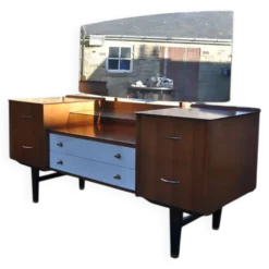 Coiffeuse mid-century en teck marron et blanc avec miroir et pieds en laiton