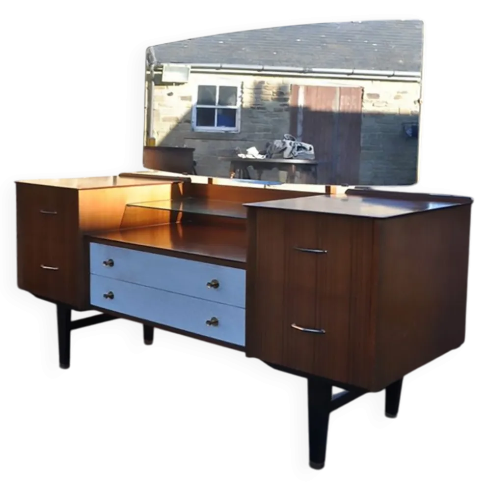 Coiffeuse mid-century en teck marron et blanc avec miroir et pieds en laiton