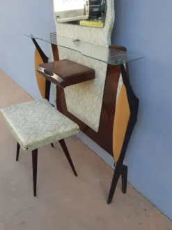 Coiffeuse ou meuble d’entrée vintage avec son siège années 1960