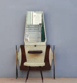 Coiffeuse ou meuble d’entrée vintage avec son siège années 1960