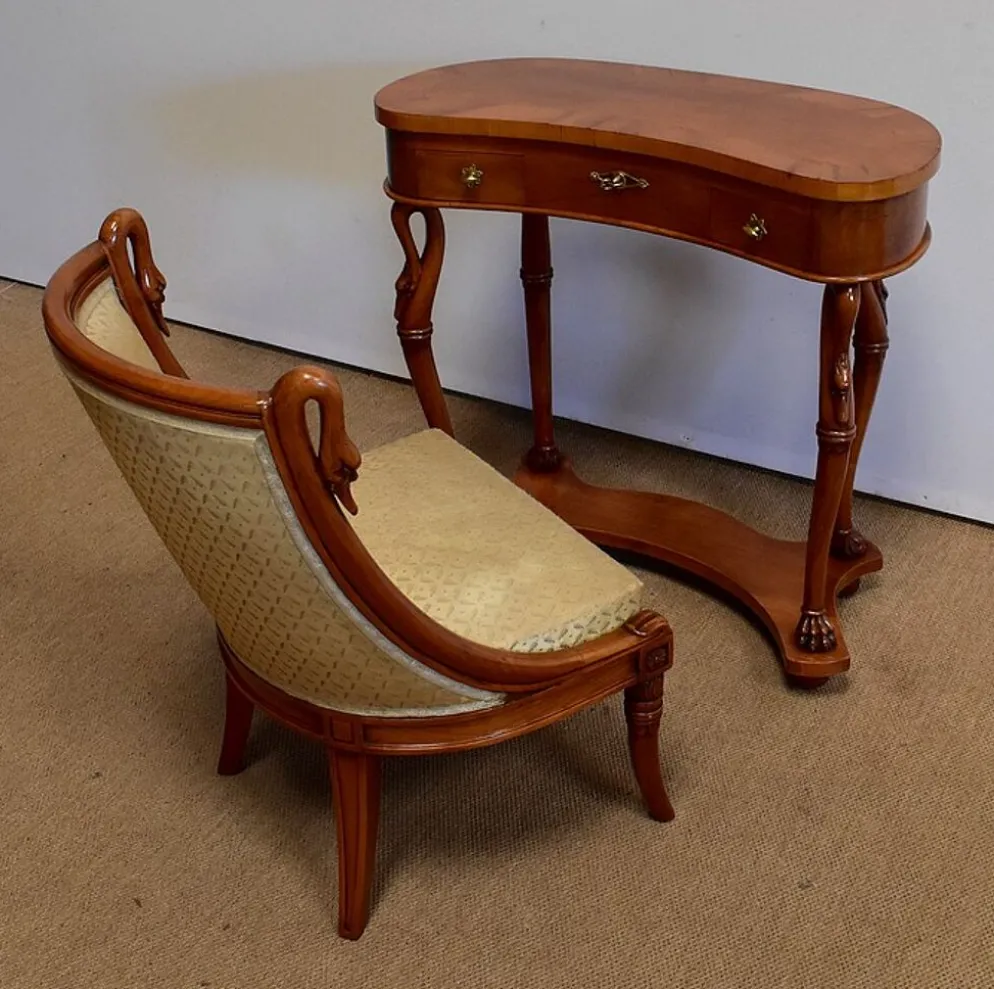Coiffeuse rognon et sa chauffeuse en merisier – 1950