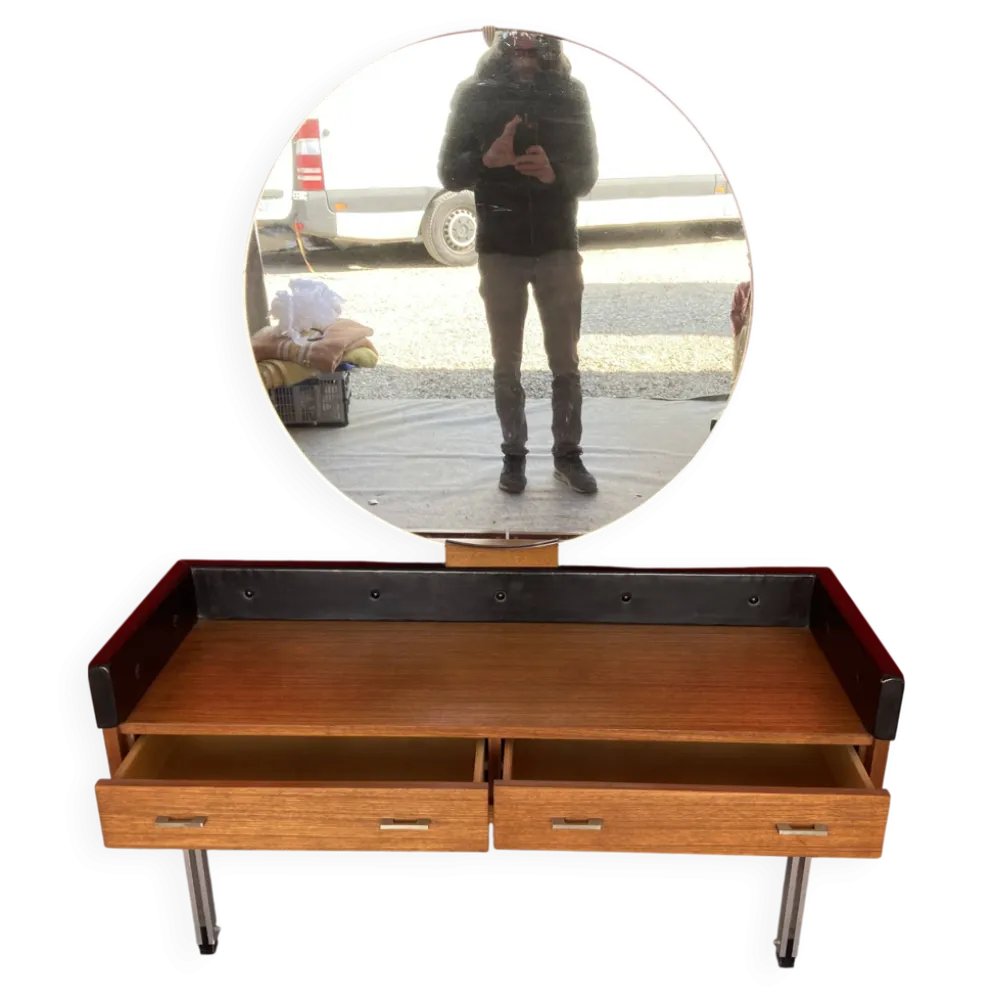 Coiffeuse scandinave en teck avec un grand miroir rond