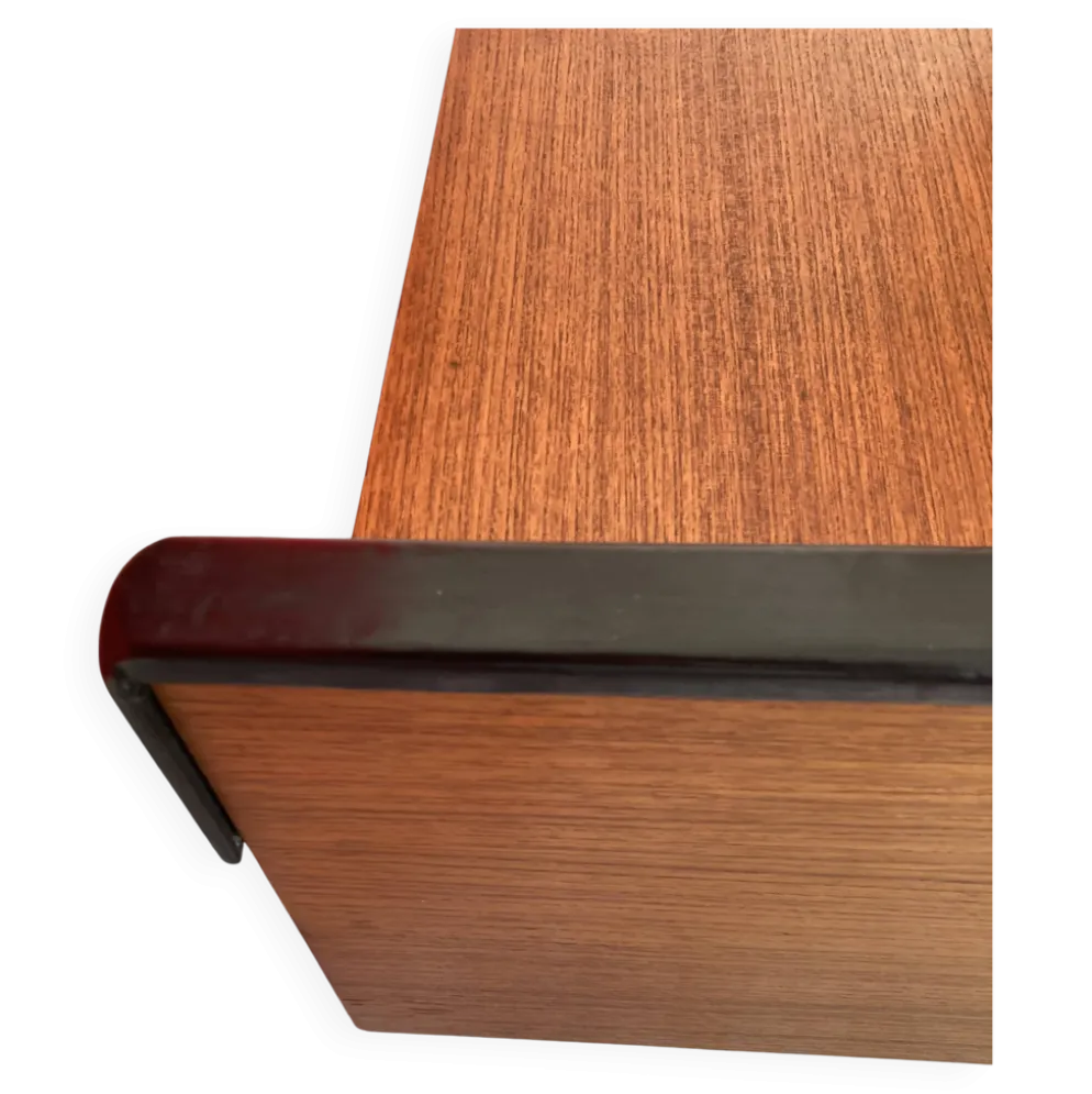 Coiffeuse scandinave en teck avec un grand miroir rond