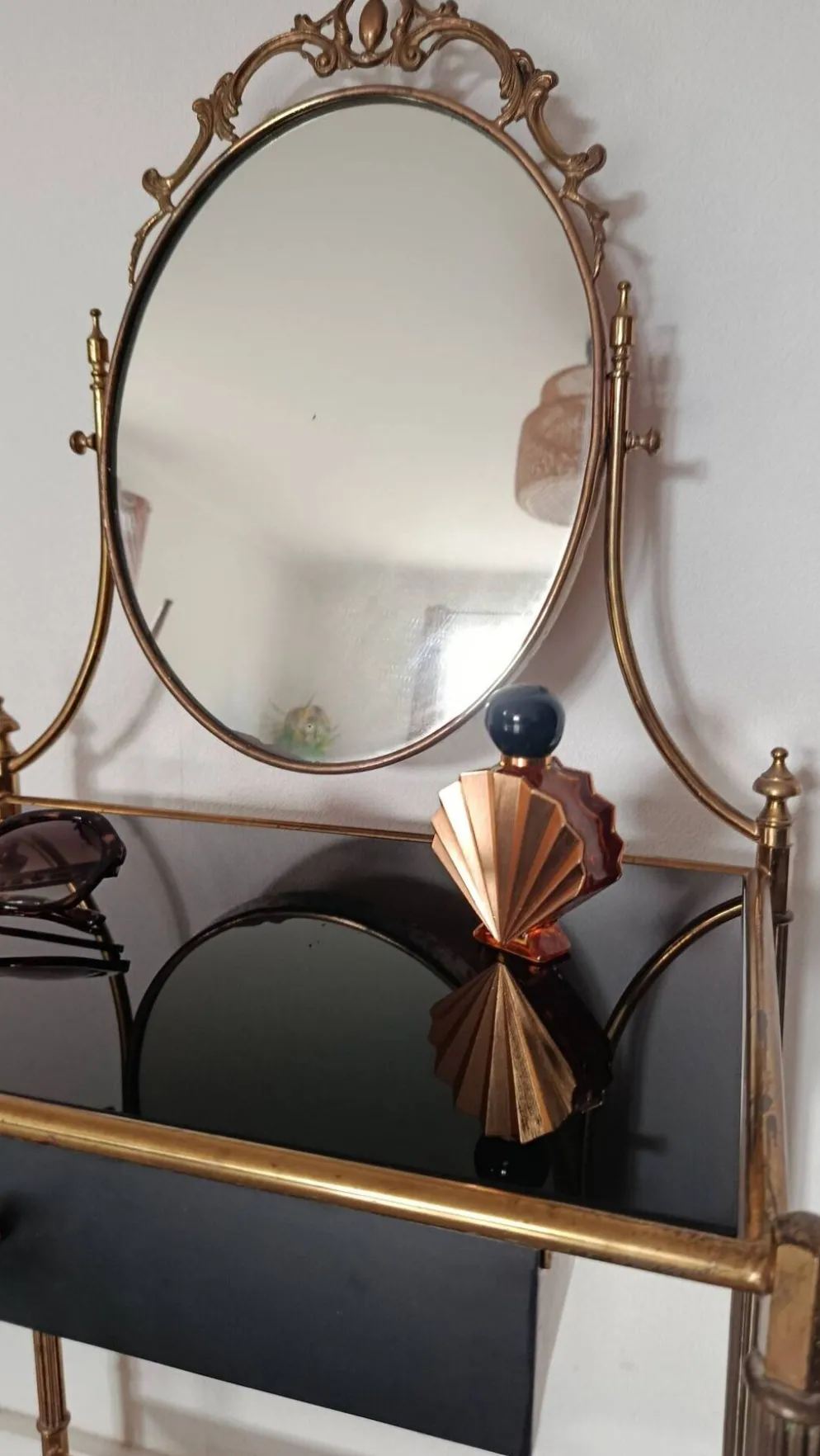 Coiffeuse style Louis XVI laiton et verre trempé