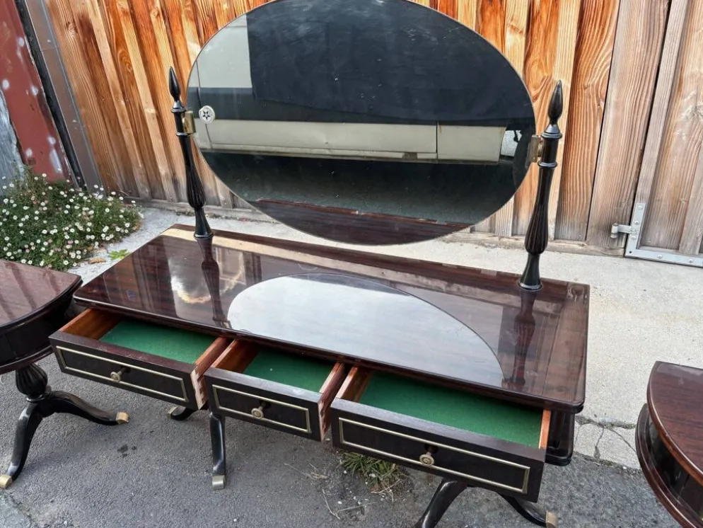 Coiffeuse triptyque vintage 1960s en acajou– signée G. Blouin Nantes
