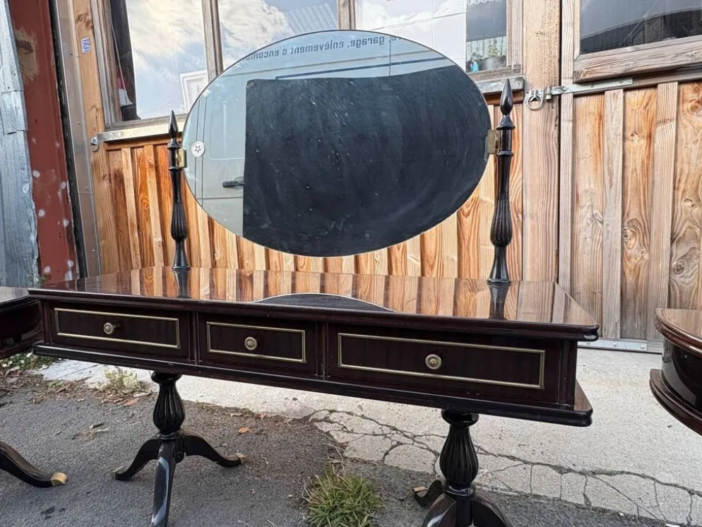 Coiffeuse triptyque vintage 1960s en acajou– signée G. Blouin Nantes