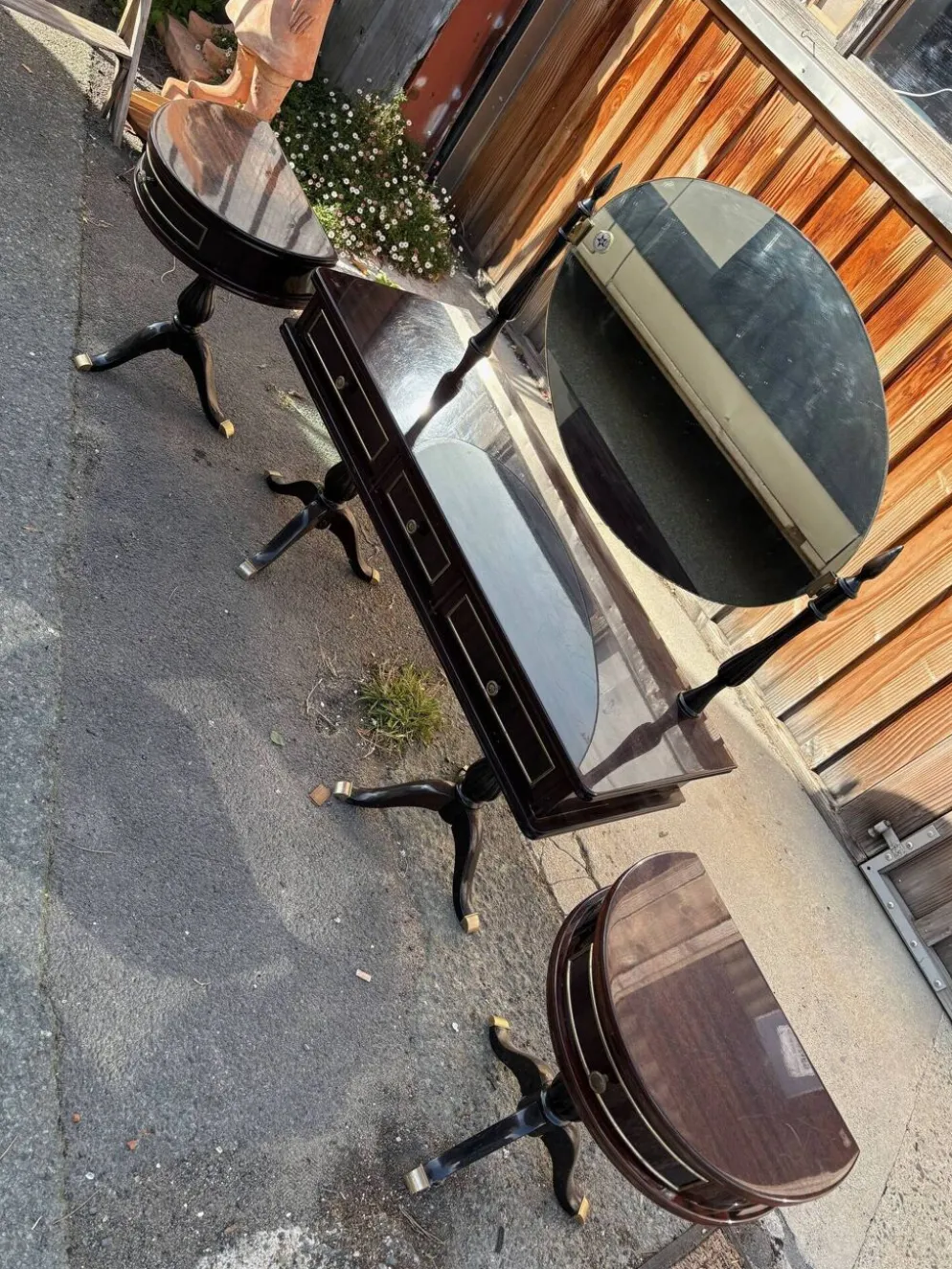 Coiffeuse triptyque vintage 1960s en acajou– signée G. Blouin Nantes