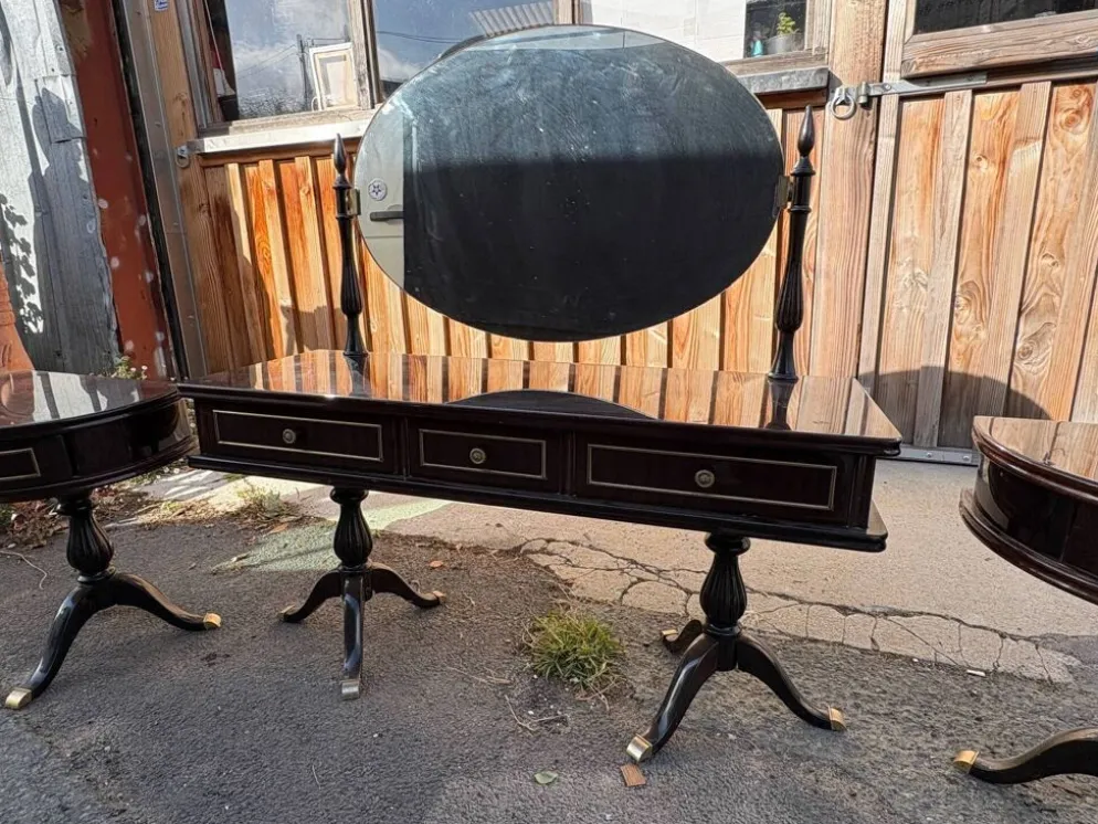 Coiffeuse triptyque vintage 1960s en acajou– signée G. Blouin Nantes