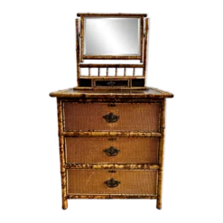 Coiffeuse victorienne 3 tiroirs en bambou tigré, rotin et chinoiserie, Angleterre années 1880