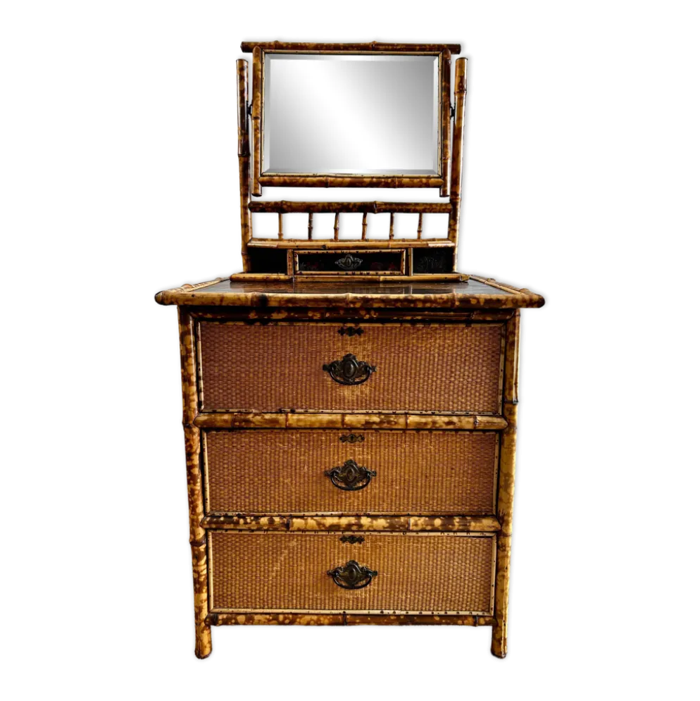 Coiffeuse victorienne 3 tiroirs en bambou tigré, rotin et chinoiserie, Angleterre années 1880