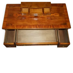 Coiffeuse vintage anglaise en noyer burr avec miroir et chaise