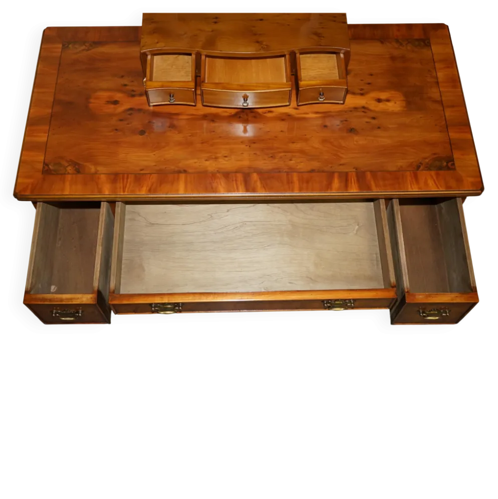 Coiffeuse vintage anglaise en noyer burr avec miroir et chaise