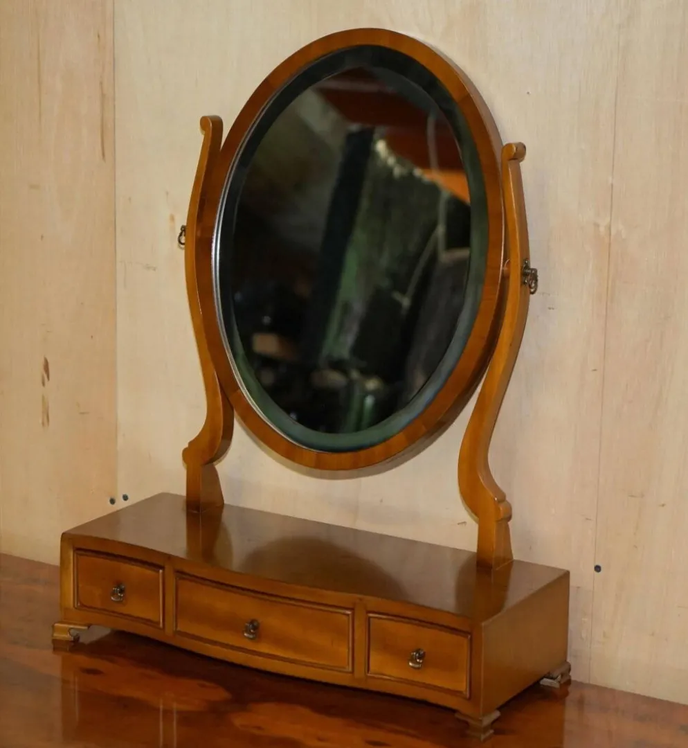 Coiffeuse vintage anglaise en noyer burr avec miroir et chaise