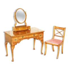 Coiffeuse vintage anglaise en noyer burr avec miroir et chaise