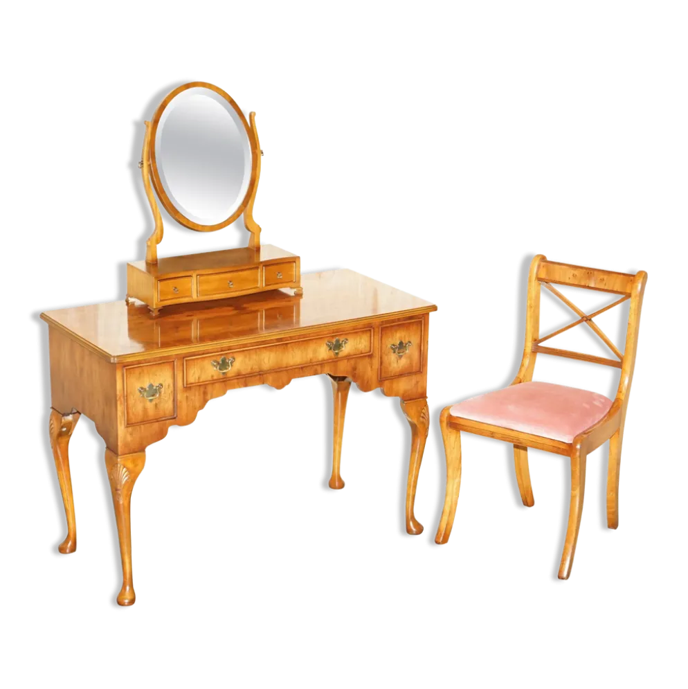 Coiffeuse vintage anglaise en noyer burr avec miroir et chaise