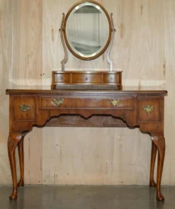Coiffeuse vintage anglaise en noyer burr avec miroir et chaise