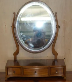 Coiffeuse vintage anglaise en noyer burr avec miroir et chaise