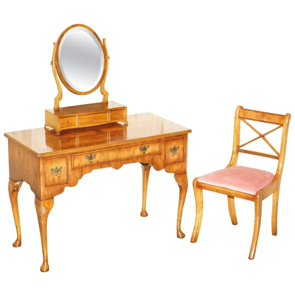 Coiffeuse vintage anglaise en noyer burr avec miroir et chaise