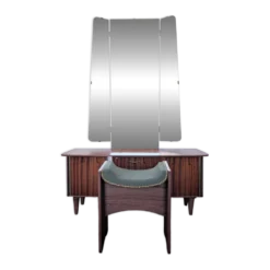 Coiffeuse vintage années 70 avec miroir triptyque & banc assorti