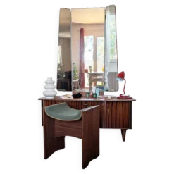 Coiffeuse vintage années 70 avec miroir triptyque & banc assorti