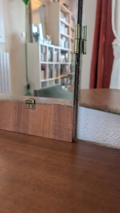 Coiffeuse vintage années 70 avec miroir triptyque & banc assorti