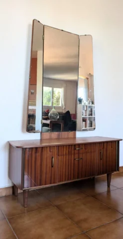 Coiffeuse vintage années 70 avec miroir triptyque & banc assorti