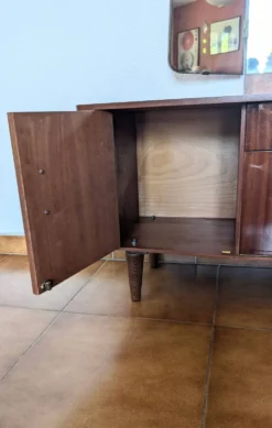 Coiffeuse vintage années 70 avec miroir triptyque & banc assorti