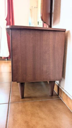 Coiffeuse vintage années 70 avec miroir triptyque & banc assorti