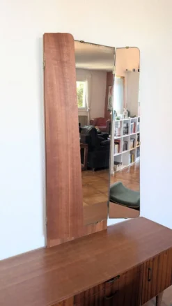 Coiffeuse vintage années 70 avec miroir triptyque & banc assorti