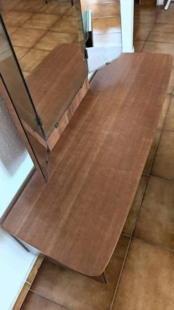 Coiffeuse vintage années 70 avec miroir triptyque & banc assorti