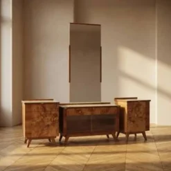 Coiffeuse vintage avec placage de noyer, grand miroir et armoires de rangement, milieu du 20e siècle, tchécoslovaque, 38 x 82 x 53 cm.