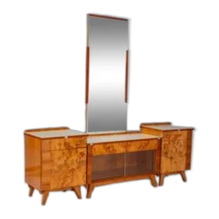 Coiffeuse vintage avec placage de noyer, grand miroir et armoires de rangement, milieu du 20e siècle, tchécoslovaque, 38 x 82 x 53 cm.