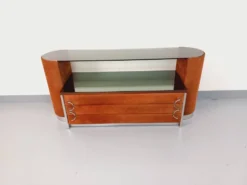 Coiffeuse vintage design italien en velours suédine, chrome, verre fumé et