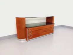 Coiffeuse vintage design italien en velours suédine, chrome, verre fumé et