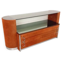 Coiffeuse vintage design italien en velours suédine, chrome, verre fumé et
