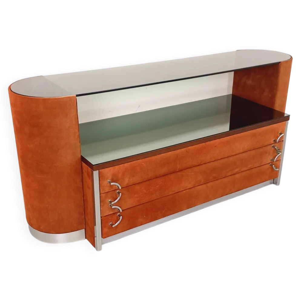 Coiffeuse vintage design italien en velours suédine, chrome, verre fumé et