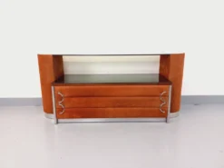 Coiffeuse vintage design italien en velours suédine, chrome, verre fumé et
