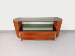 Coiffeuse vintage design italien en velours suédine, chrome, verre fumé et