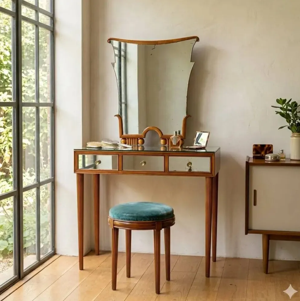 Coiffeuse vintage en acajou teinté avec miroir, Italie, XXe siècle