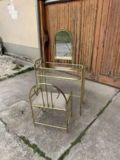 Coiffeuse vintage en laiton doré et verre avec tabouret beige assorti - lot de 2 (1950s)