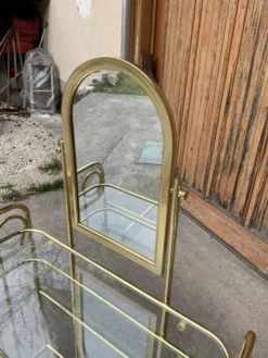 Coiffeuse vintage en laiton doré et verre avec tabouret beige assorti - lot de 2 (1950s)