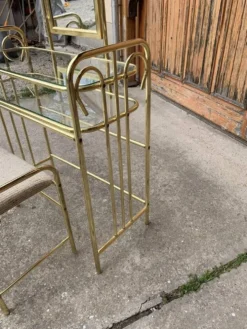 Coiffeuse vintage en laiton doré et verre avec tabouret beige assorti - lot de 2 (1950s)
