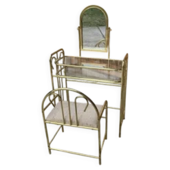 Coiffeuse vintage en laiton doré et verre avec tabouret beige assorti - lot de 2 (1950s)
