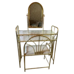 Coiffeuse vintage en laiton doré avec miroir et tabouret assorti, années 1950