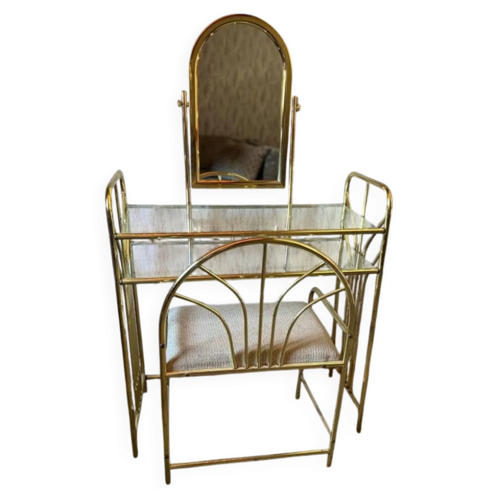 Coiffeuse vintage en laiton doré avec miroir et tabouret assorti, années 1950